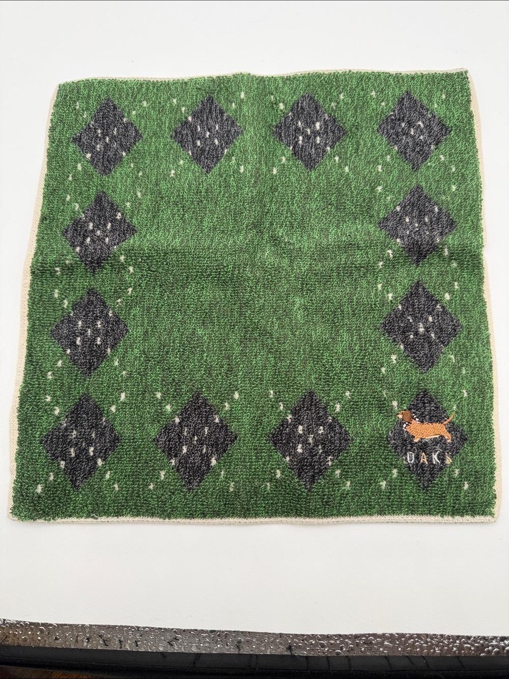 VTG Green Argyle Hand Towel with Dachshund Motif 24.5cm